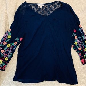Long sleeve blue blouse with flower sleeves